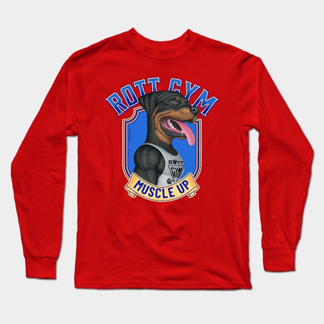 Cute Rottie with blue Rott gym muscle up Long Sleeve T-Shirt by Danny Gordon Art